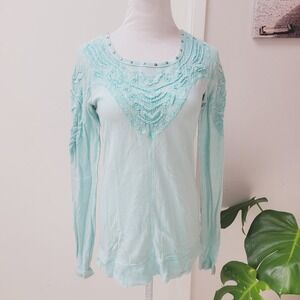 Free People Embellished Knit Top Studded Trim Long Sleeve Turquoise Medium Shirt